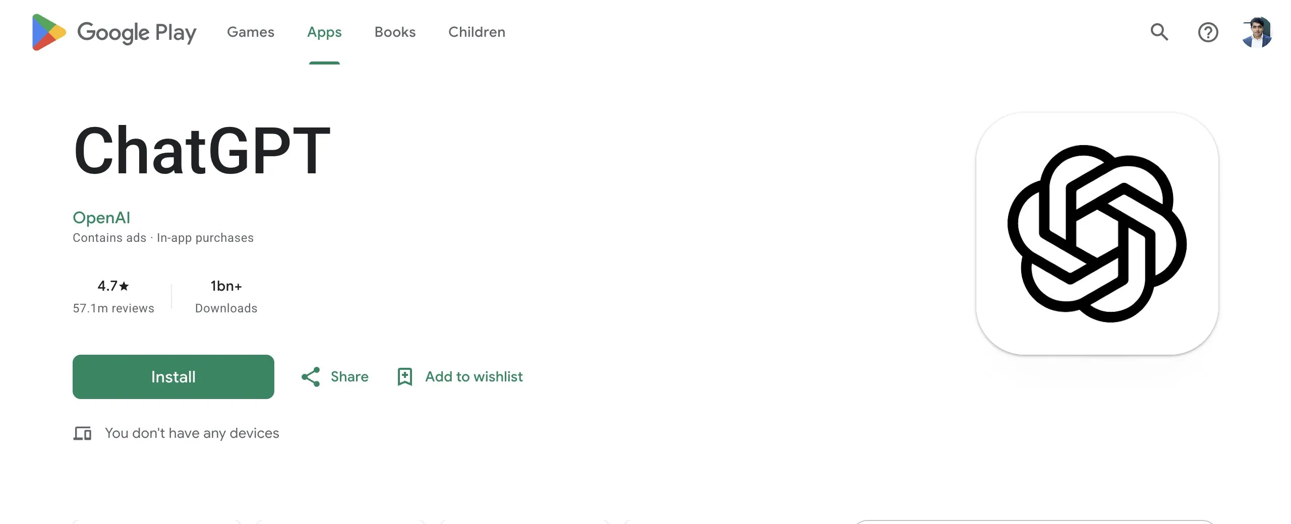 پلے اسٹور کے اصل ویب صفحے پر ChatGPT، OpenAI اور Install بٹن