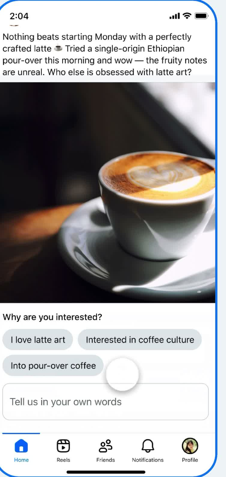 کافی کی پوسٹ پر Interested منتخب کرنے کے بعد وجہ اور اپنے الفاظ میں رائے لکھنے کا اصل ڈیمو