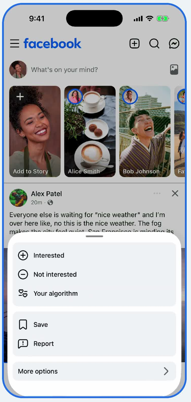 میٹا کے آفیشل ڈیمو میں پوسٹ کا مینیو، جس میں Interested، Not interested اور Your algorithm موجود ہیں