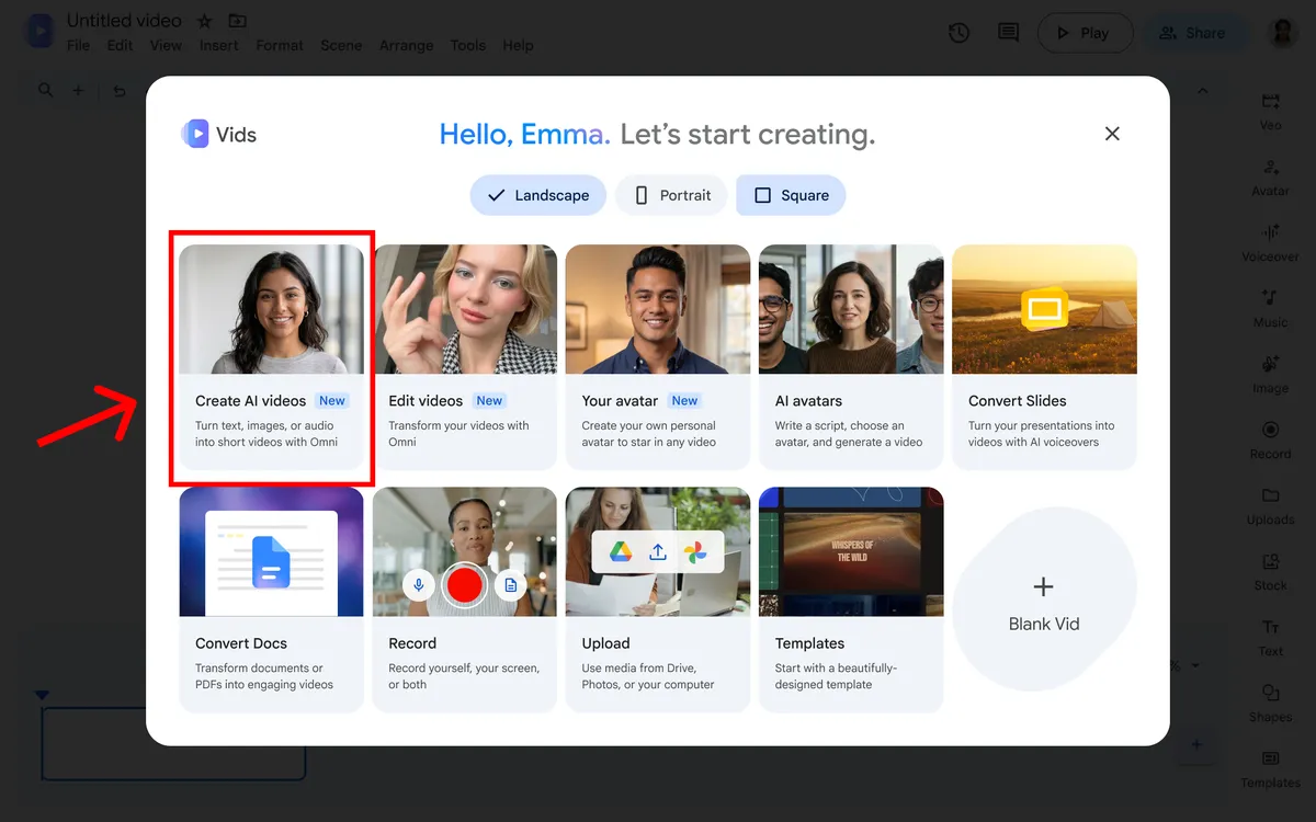 گوگل کی آفیشل تصویر میں Create AI videos کا ابتدائی اختیار نمایاں ہے