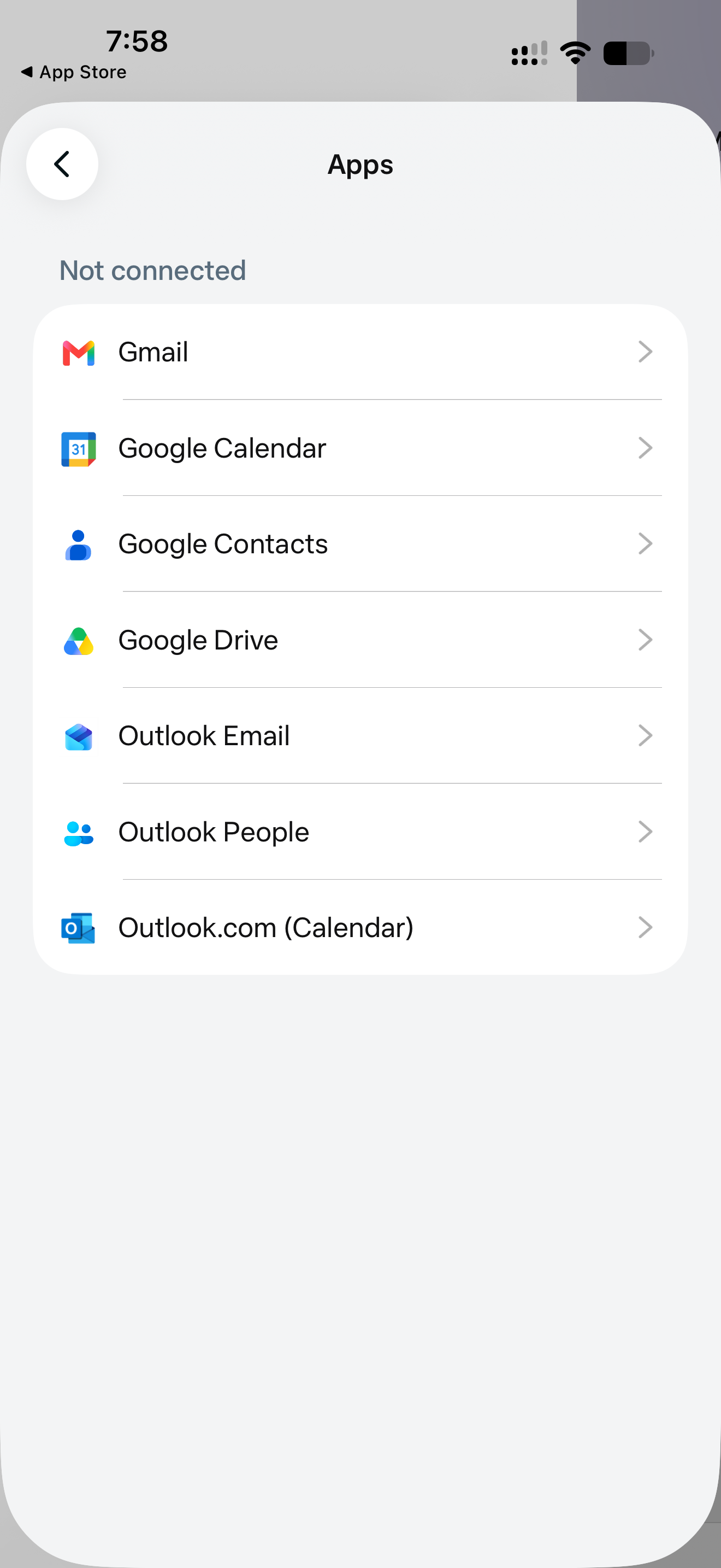 میٹا اے آئی کے Apps menu میں Gmail، Google Calendar، Google Contacts، Google Drive اور Outlook کے connection options