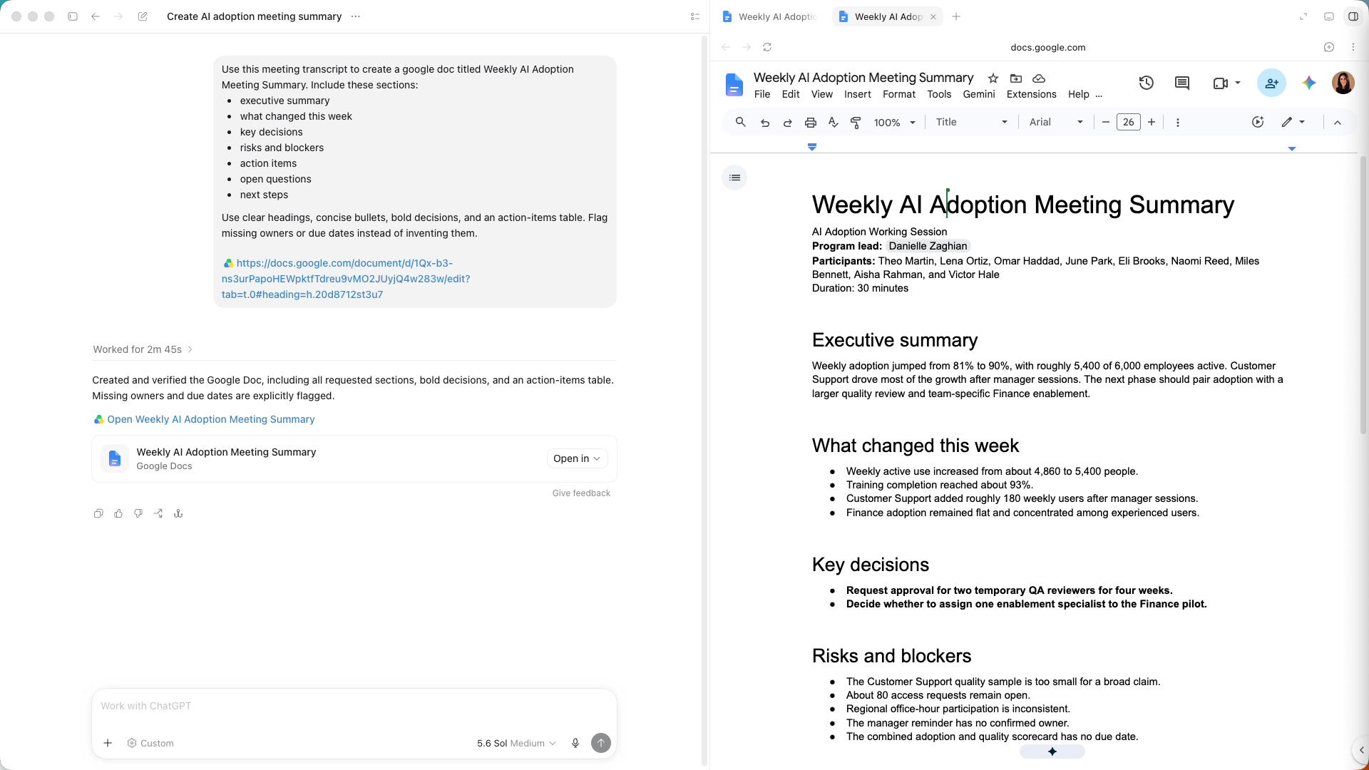OpenAI کی مثال میں میٹنگ ٹرانسکرپٹ سے Google Doc تیار کیا جا رہا ہے