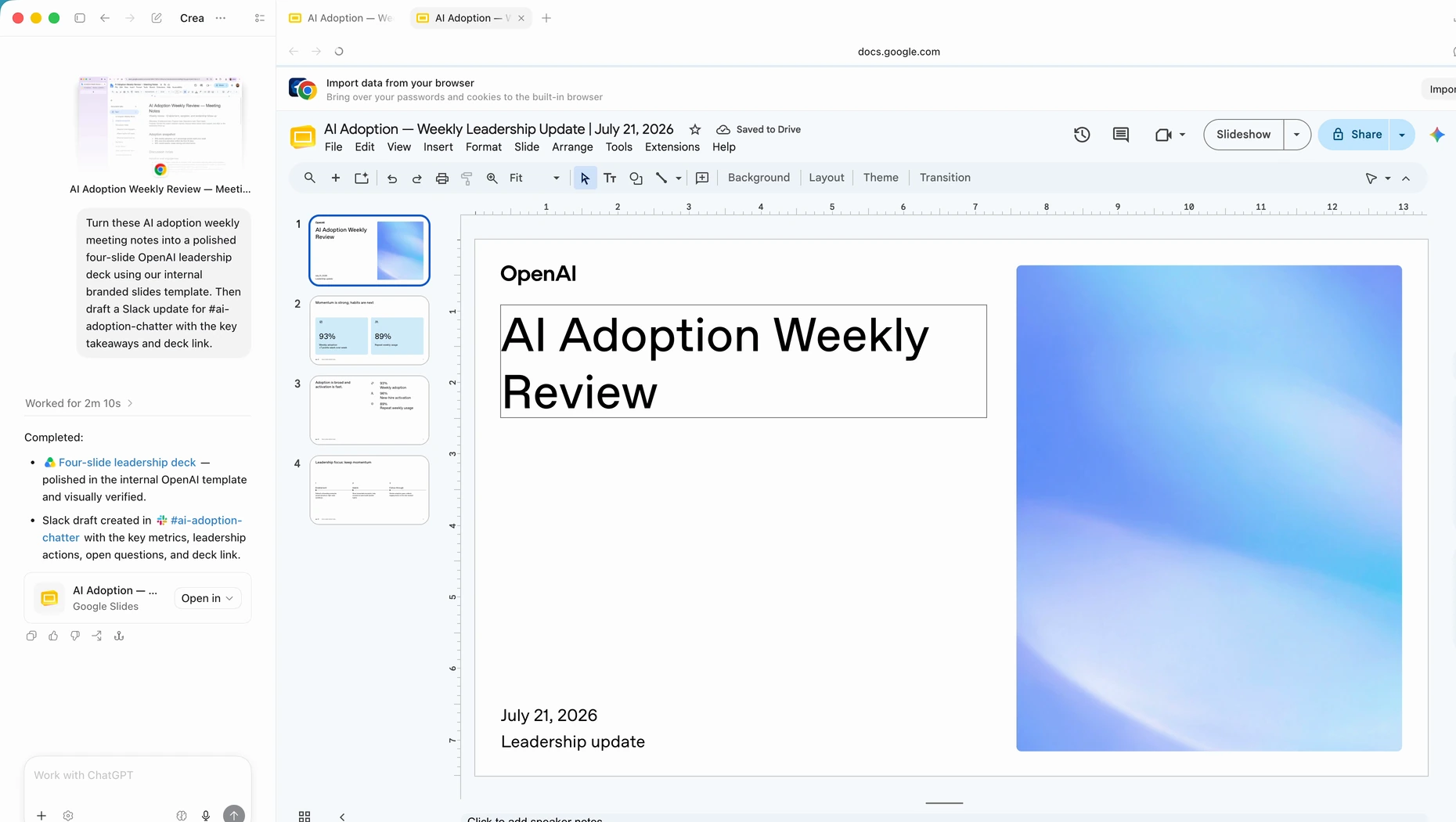 OpenAI کی مثال میں رپورٹ سے Google Slides پریزنٹیشن تیار کی جا رہی ہے