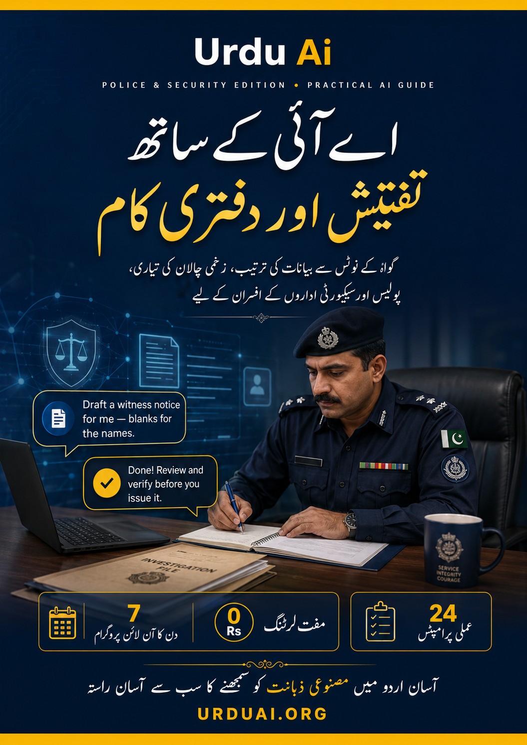پولیس کے لیے اے آئی — تفتیش، رپورٹ اور دفتر کی اردو گائیڈ