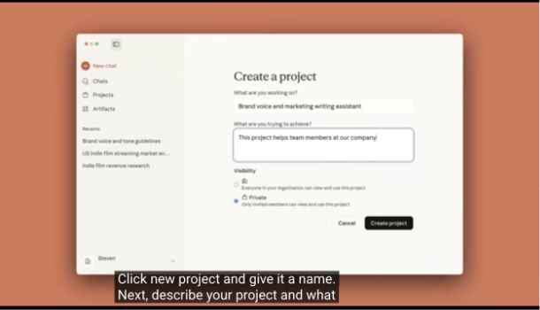 Claude میں نیا project بنانے کی اسکرین